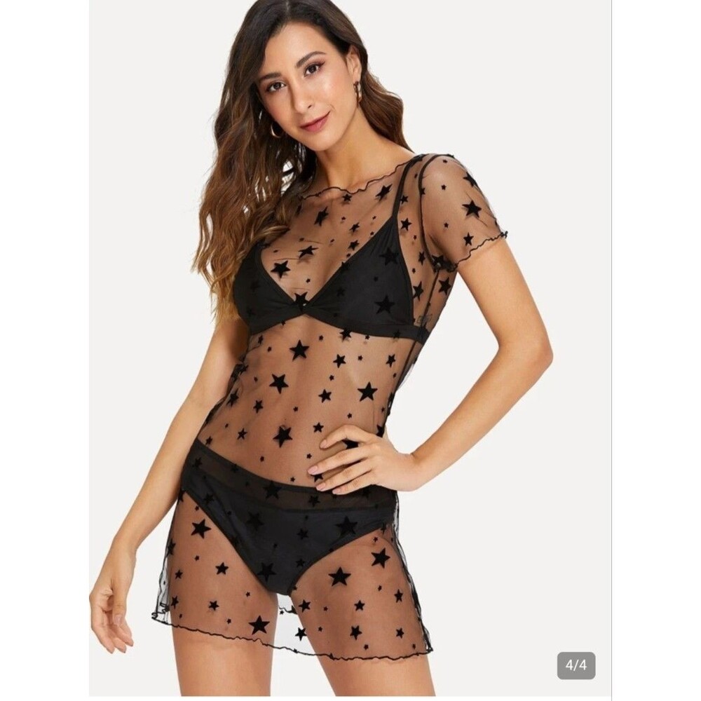 Sheer Mesh Star Flocked Cover Up Dress Black See Through Festival Goth Y2K Sz S